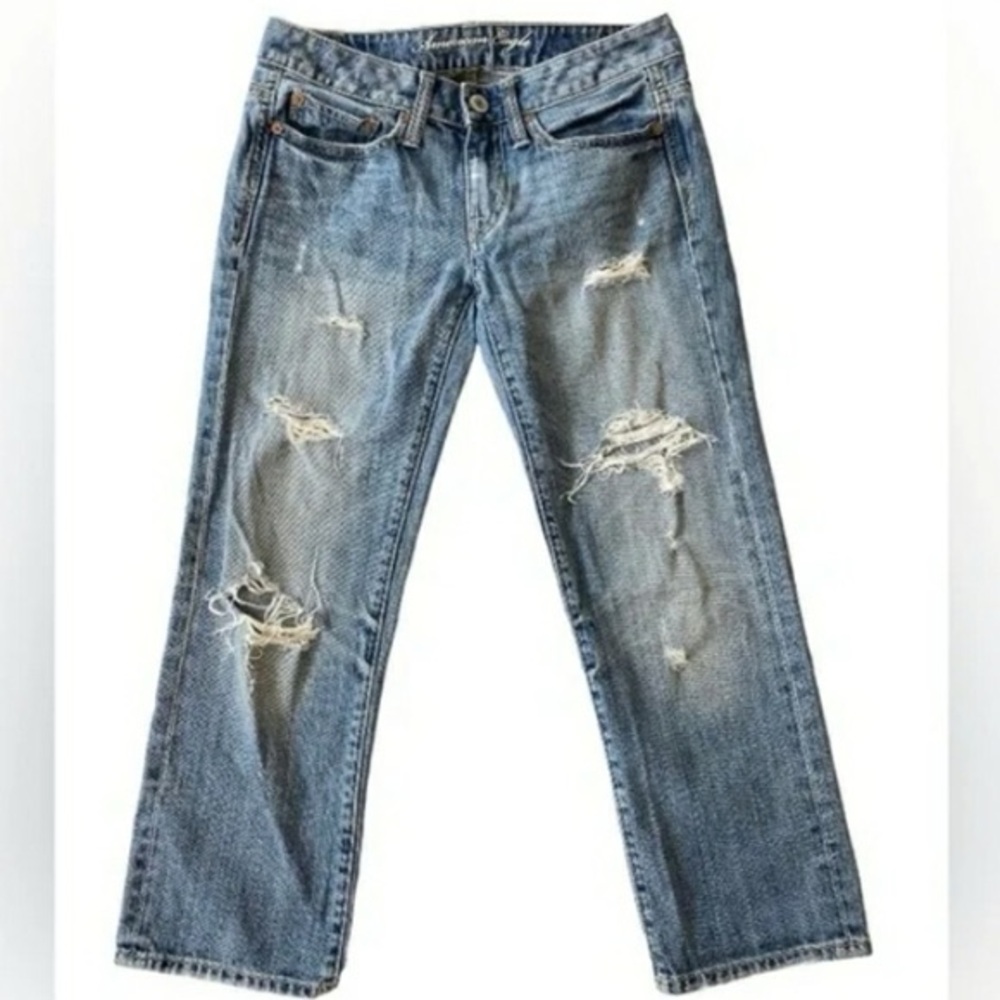 American Eagle Boy Fit Cropped Distressed Jean Buttonfly Sz 0